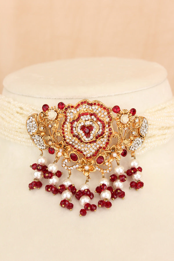 Pakistani Fashionable Choker Set With Flower Design And Red Colour Stones With Matching Large Earrings (IGPKCS001)