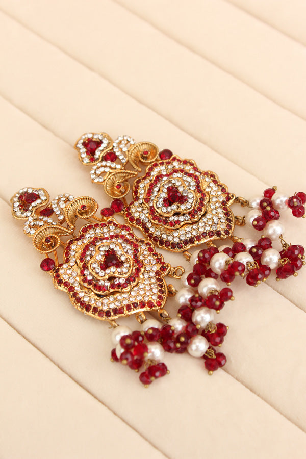 Pakistani Fashionable Choker Set With Flower Design And Red Colour Stones With Matching Large Earrings (IGPKCS001)