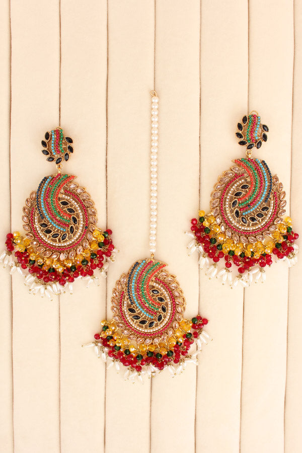 Pakistani Tikka Set In Colours With Black Colour Center Stones (PKTS001-BL)