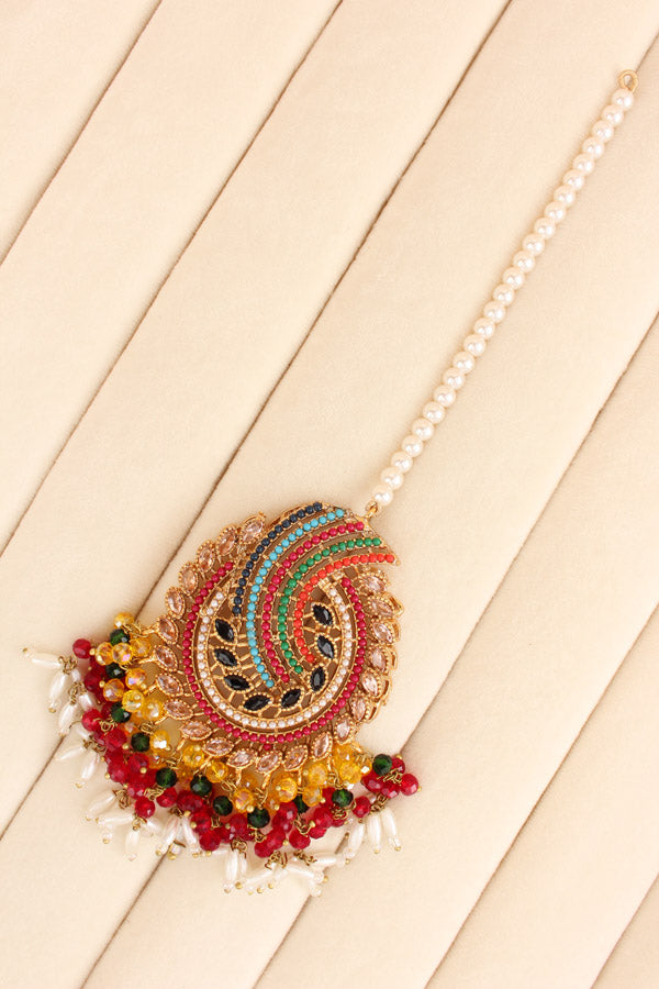 Pakistani Tikka Set In Colours With Black Colour Center Stones (PKTS001-BL)
