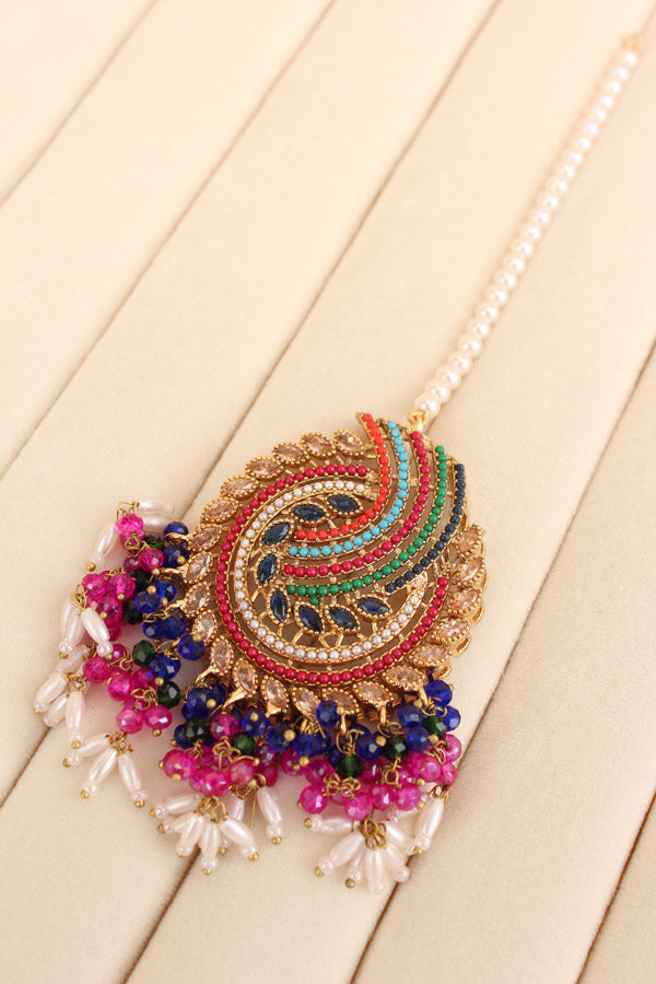 Pakistani Tikka Set In Colours With Blue Colour Center Stones (PKTS001-B)
