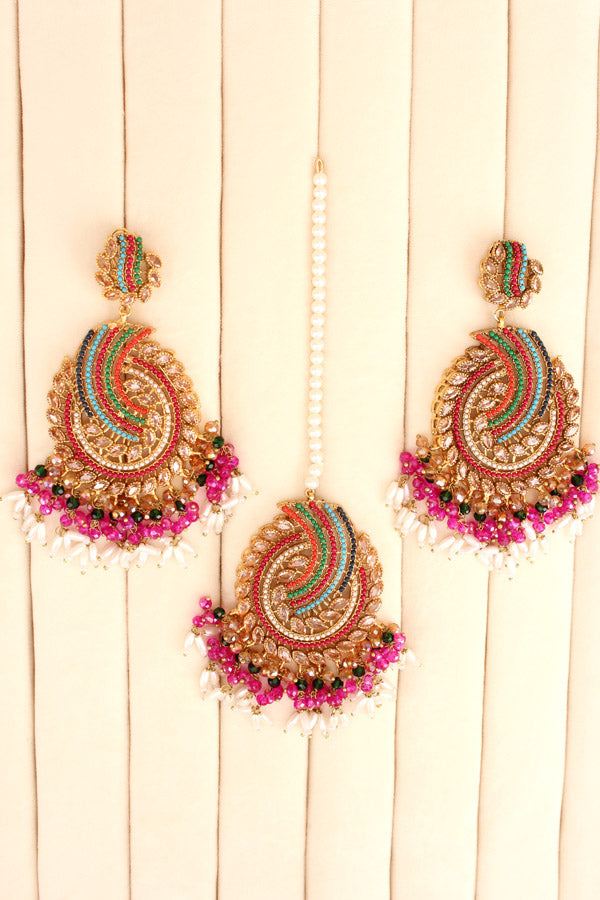 Pakistani Tikka Set In Colours With Gold Colour Center Stones (PKTS001-GO)