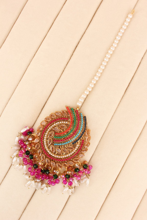 Pakistani Tikka Set In Colours With Gold Colour Center Stones (PKTS001-GO)