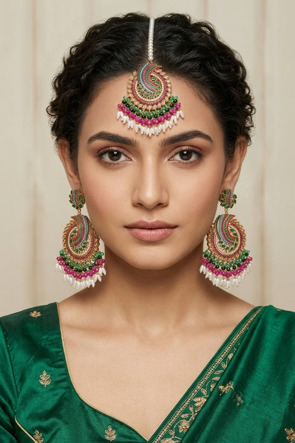 Pakistani Tikka Set In Colours With Green Colour Center Stones (PKTS001-G)