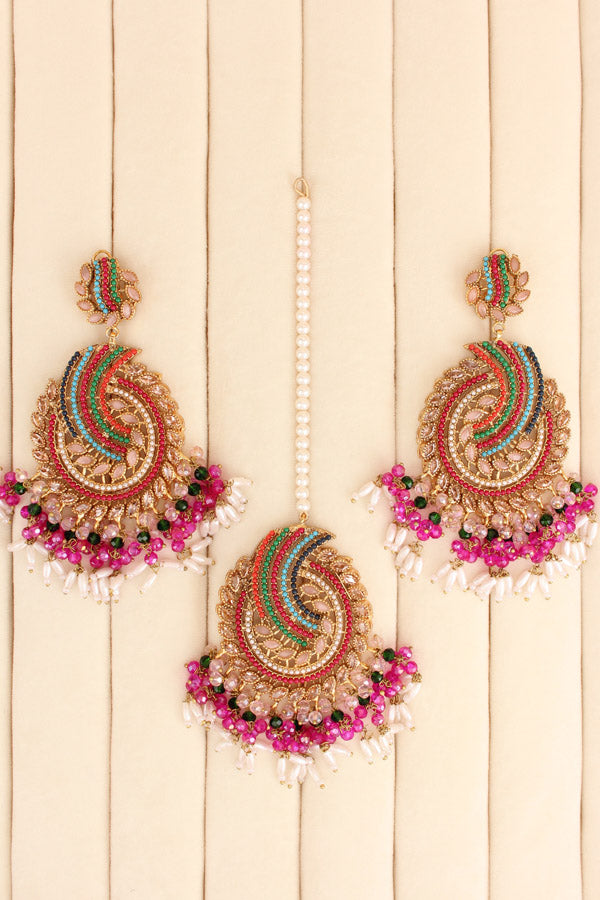 Pakistani Tikka Set In Colours With Pink Colour Center Stones (PKTS001-P)