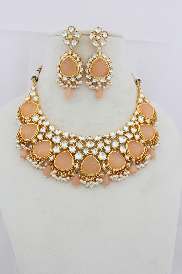 Peach Kundan Necklace Set With Matching Earrings (IGNK008)