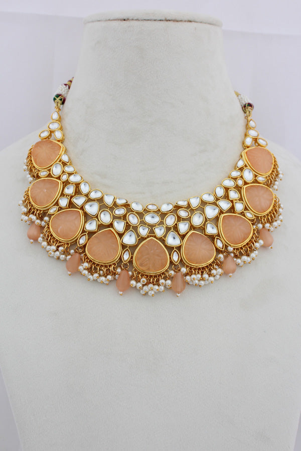 Peach Kundan Necklace Set With Matching Earrings (IGNK008)