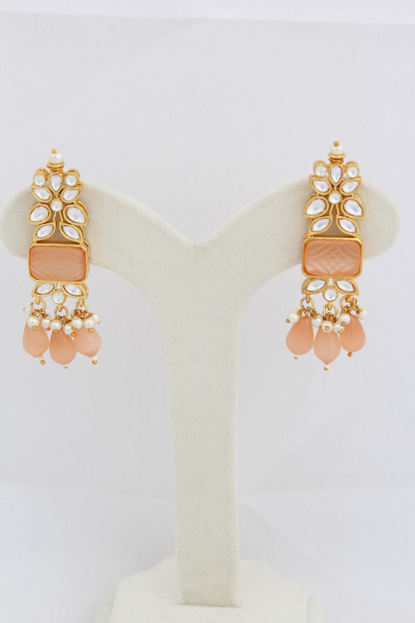 Peach Kundan Necklace Set With Matching Earrings And Tikka (IGNK011)