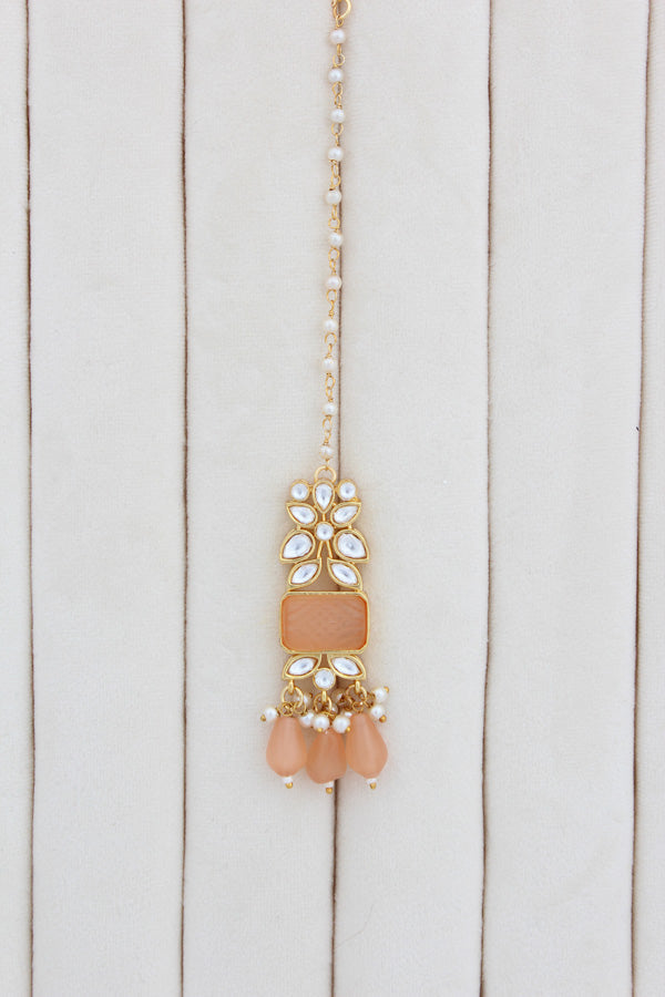 Peach Kundan Necklace Set With Matching Earrings And Tikka (IGNK011)