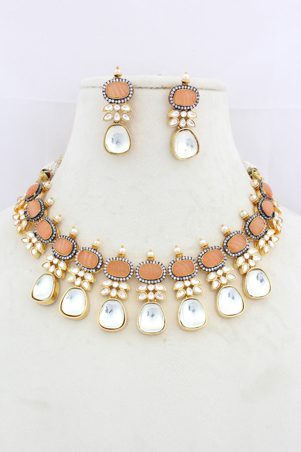 Peach Necklace In Kundan With Earrings And Tikka (IGNK007)