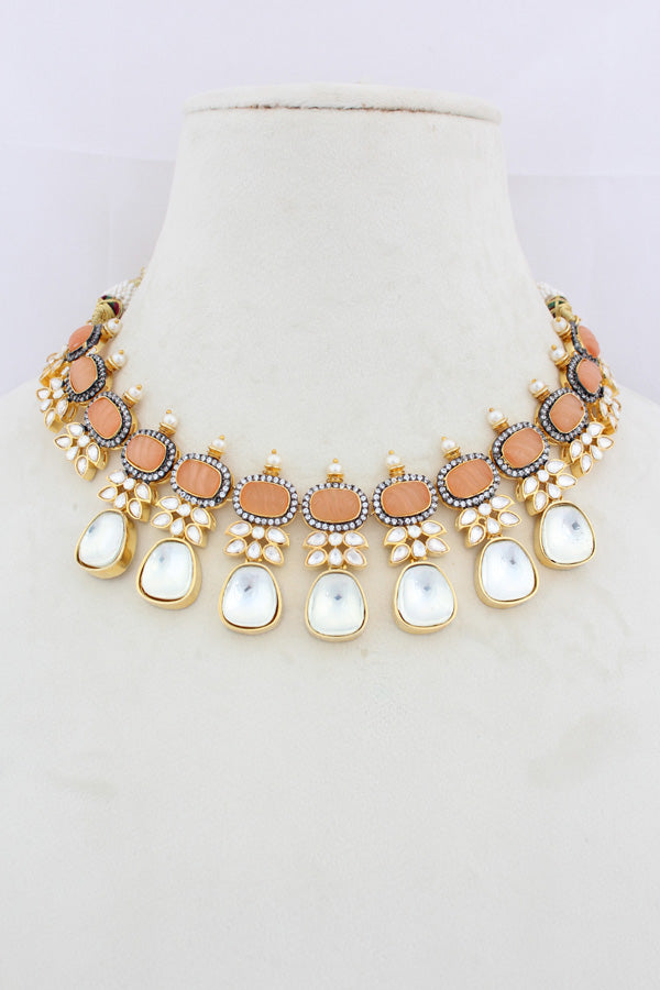 Peach Necklace In Kundan With Earrings And Tikka (IGNK007)