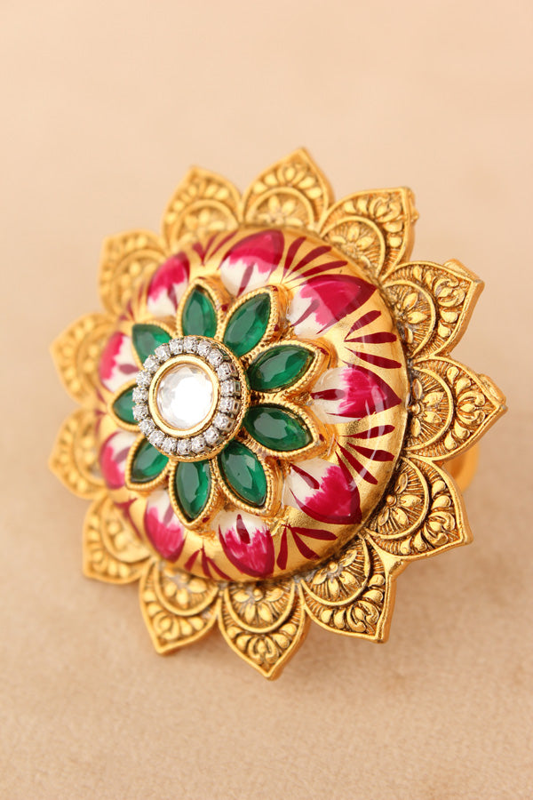 Pink Fashionable Adjustable Meenakari Ring With Sunflower Design (RF006-P)