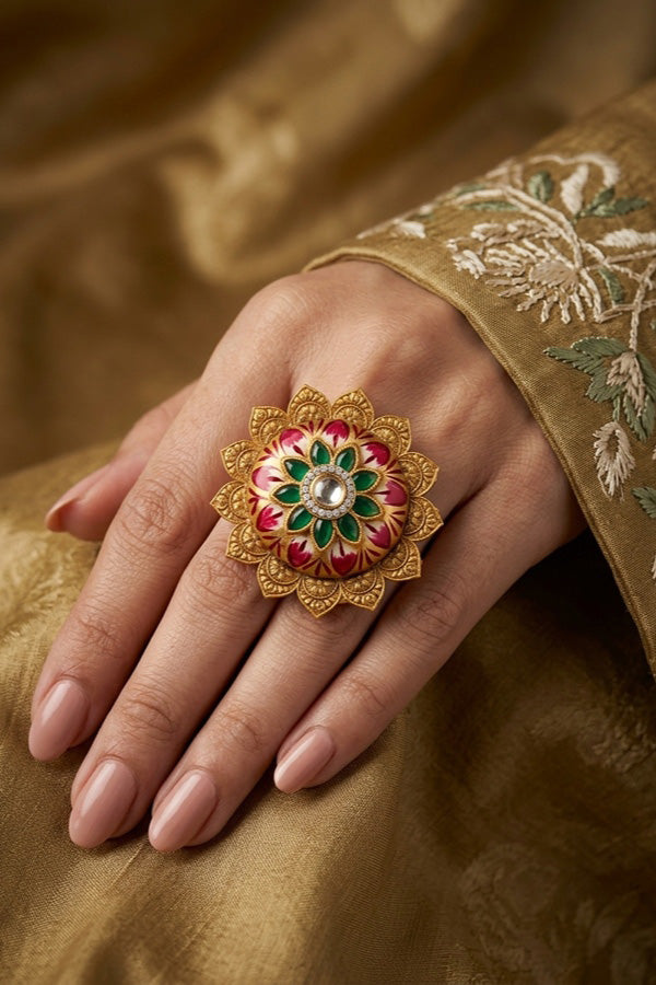 Pink Fashionable Adjustable Meenakari Ring With Sunflower Design (RF006-P)
