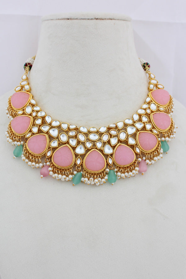 Pink And Green Kundan Necklace Set With Matching Earrings(IGNK008)