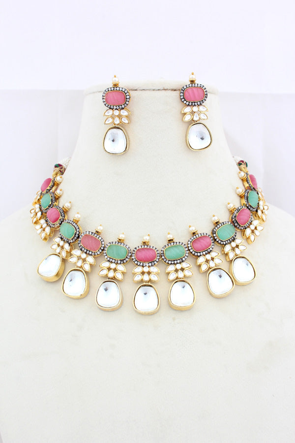 Pink And Green Necklace In Kundan With Earrings And Tikka (IGNK007)