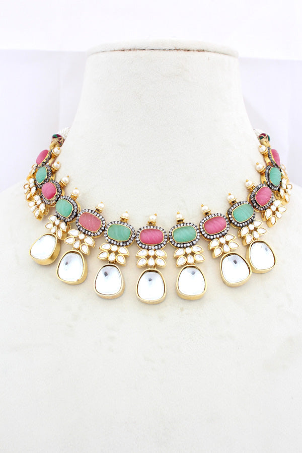 Pink And Green Necklace In Kundan With Earrings And Tikka (IGNK007)
