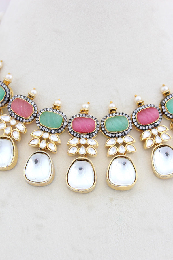 Pink And Green Necklace In Kundan With Earrings And Tikka (IGNK007)