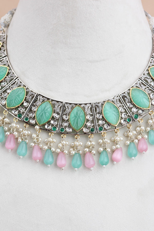 Pink Green Silver Polish Kundan Necklace Set With Earrings And Tikka(IGNK010)