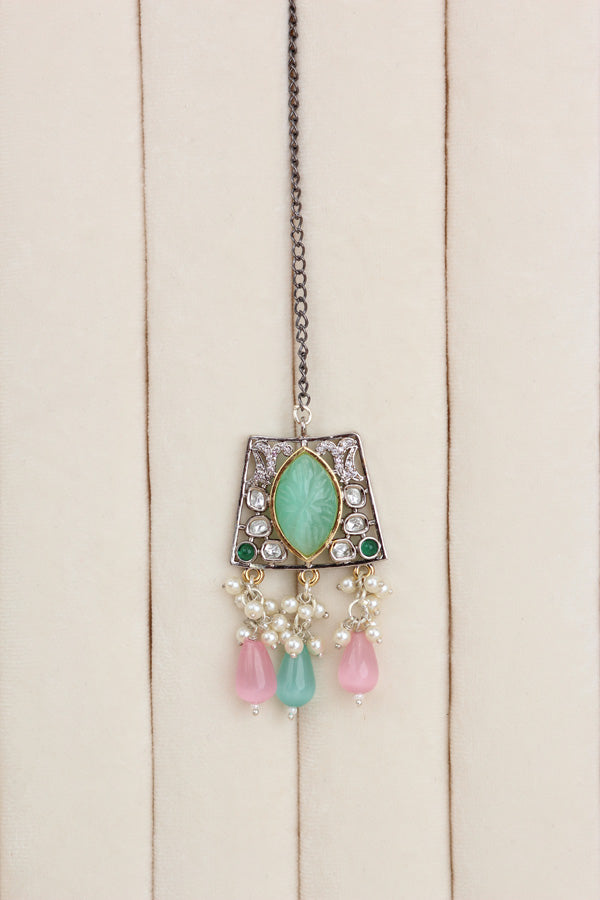 Pink Green Silver Polish Kundan Necklace Set With Earrings And Tikka(IGNK010)