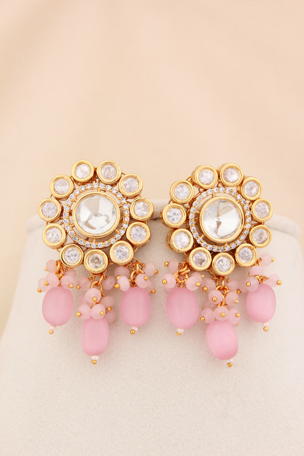 Pink Kundan Long Necklace Set Attached With A Large Statement Pendant And Stud Earrings (LKN003-Kundan)