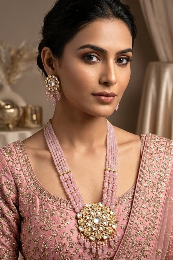 Pink Kundan Long Necklace Set Attached With A Large Statement Pendant And Stud Earrings (LKN003-Kundan)