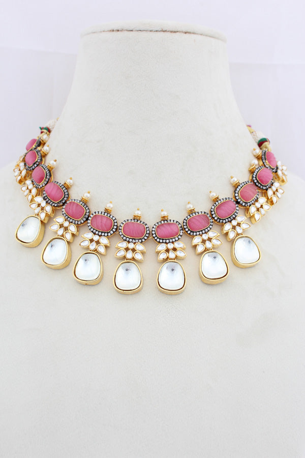 Pink Necklace In Kundan With Earrings And Tikka (IGNK007)