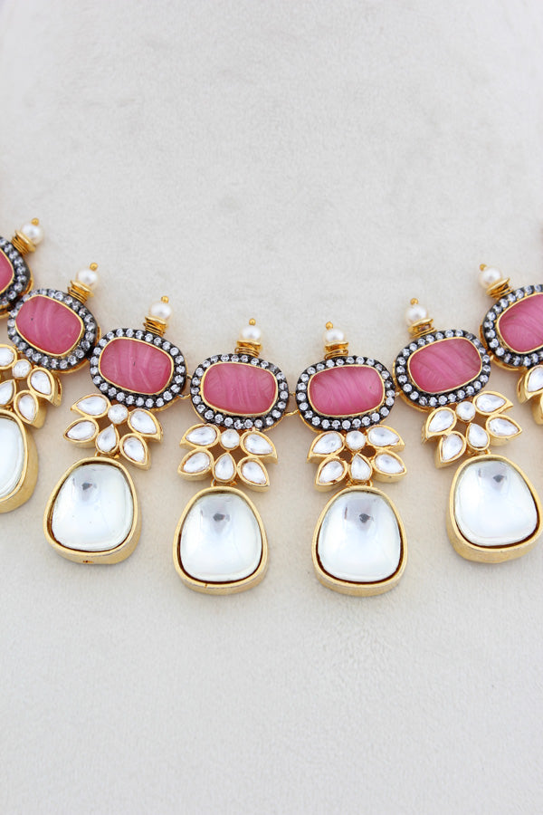 Pink Necklace In Kundan With Earrings And Tikka (IGNK007)
