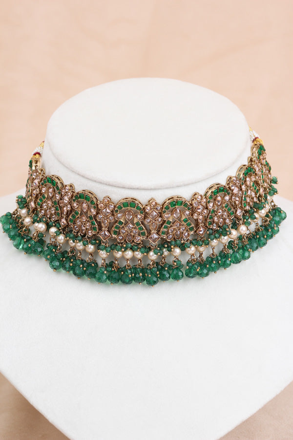 Green Polki Choker With Jhumka Earring With Attached Saharey Large Tikka And Passa (CS017-G-Polki-B3)