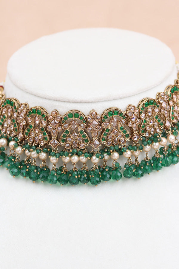 Green Polki Choker With Jhumka Earring With Attached Saharey Large Tikka And Passa (CS017-G-Polki-B3)