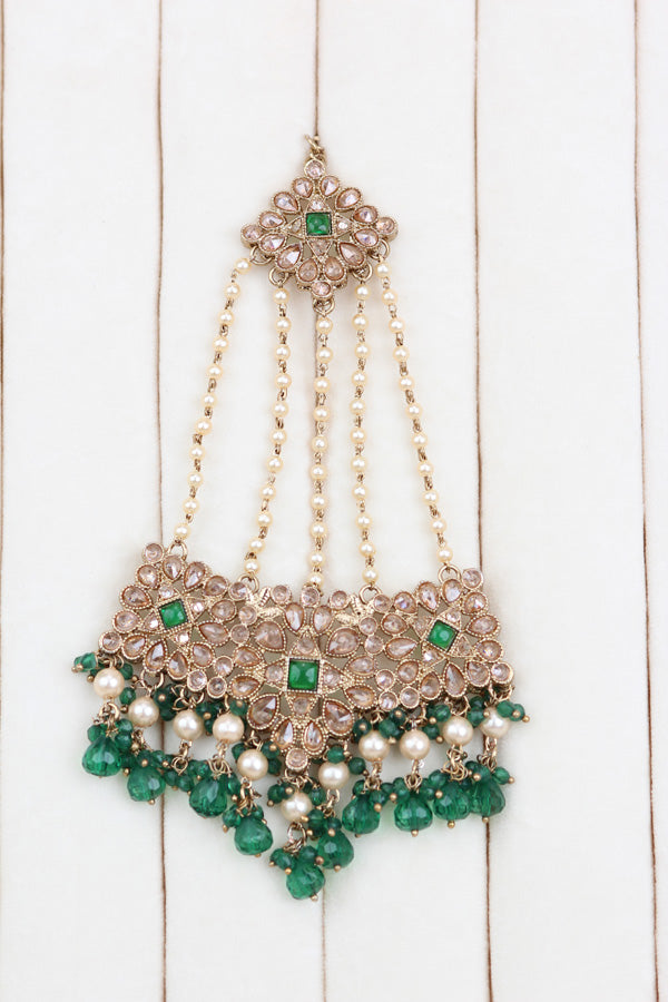 Green Polki Choker With Jhumka Earring With Attached Saharey Large Tikka And Passa (CS017-G-Polki-B3)