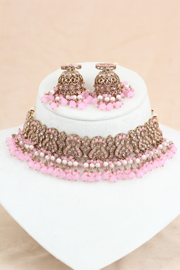 Pink Polki Choker With Jhumka Earring With Attached Saharey Large Tikka And Passa (CS017-P-Polki-B3)