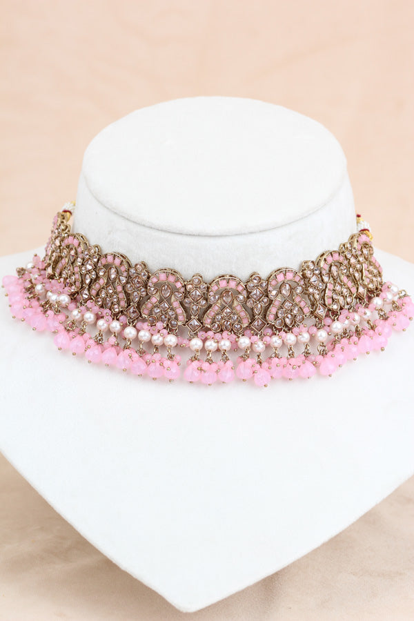 Pink Polki Choker With Jhumka Earring With Attached Saharey Large Tikka And Passa (CS017-P-Polki-B3)