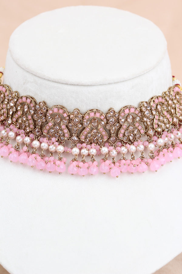 Pink Polki Choker With Jhumka Earring With Attached Saharey Large Tikka And Passa (CS017-P-Polki-B3)