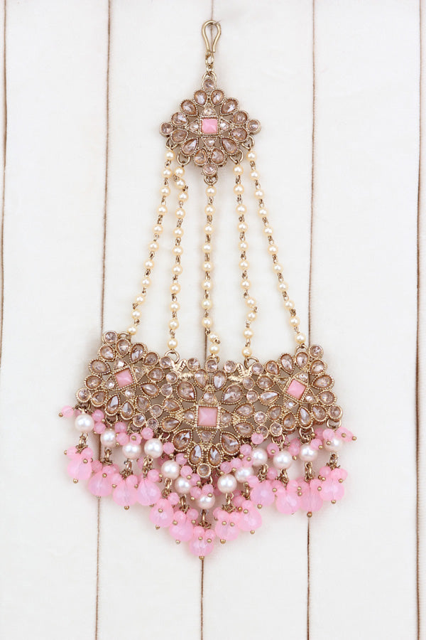 Pink Polki Choker With Jhumka Earring With Attached Saharey Large Tikka And Passa (CS017-P-Polki-B3)