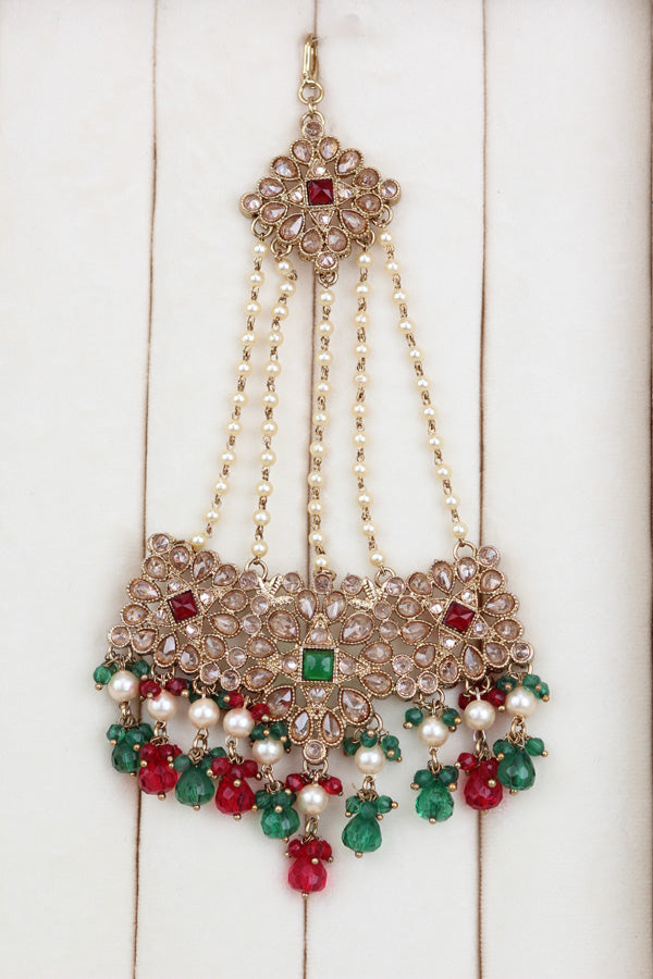 Red And Green Polki Choker With Jhumka Earring With Attached Saharey Large Tikka And Passa (CS017-RG-Polki-B3)