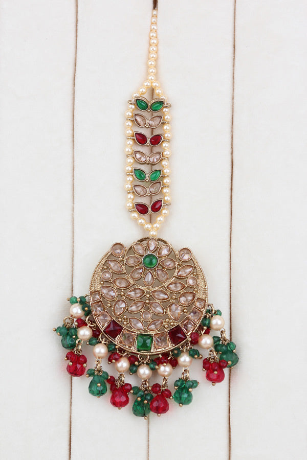 Red And Green Polki Choker With Jhumka Earring With Attached Saharey Large Tikka And Passa (CS017-RG-Polki-B3)