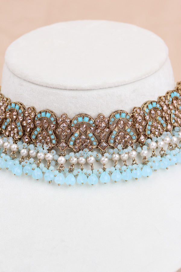 Sky Blue Polki Choker With Jhumka Earring With Attached Saharey Large Tikka And Passa (CS017-SB-Polki-B3)