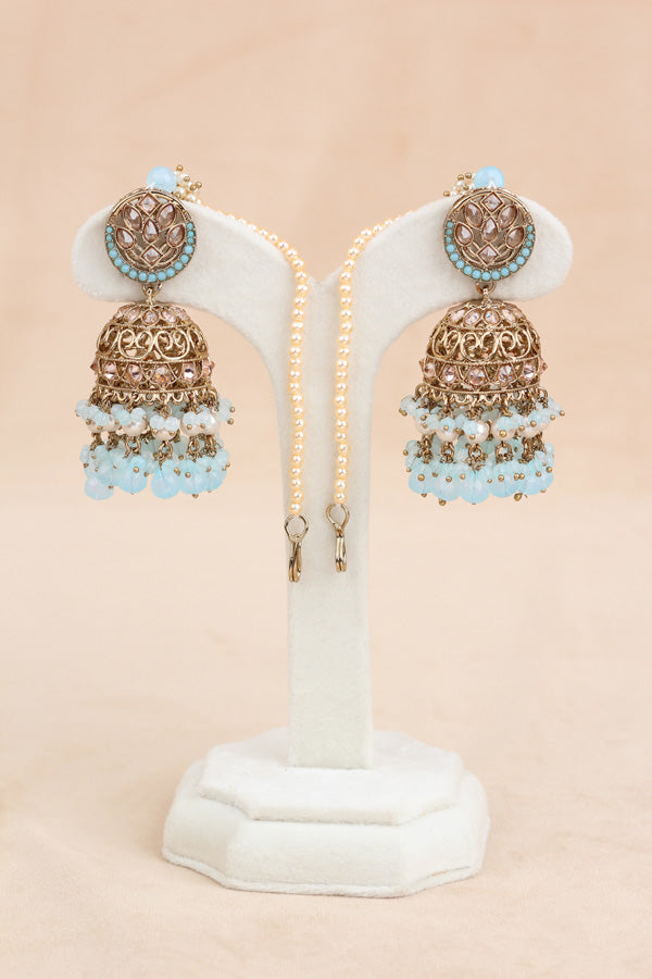 Sky Blue Polki Choker With Jhumka Earring With Attached Saharey Large Tikka And Passa (CS017-SB-Polki-B3)