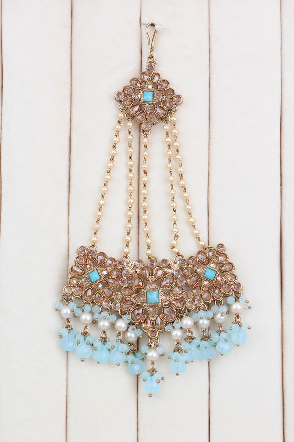 Sky Blue Polki Choker With Jhumka Earring With Attached Saharey Large Tikka And Passa (CS017-SB-Polki-B3)