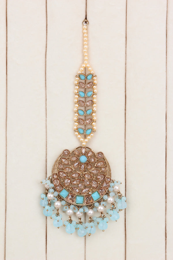 Sky Blue Polki Choker With Jhumka Earring With Attached Saharey Large Tikka And Passa (CS017-SB-Polki-B3)