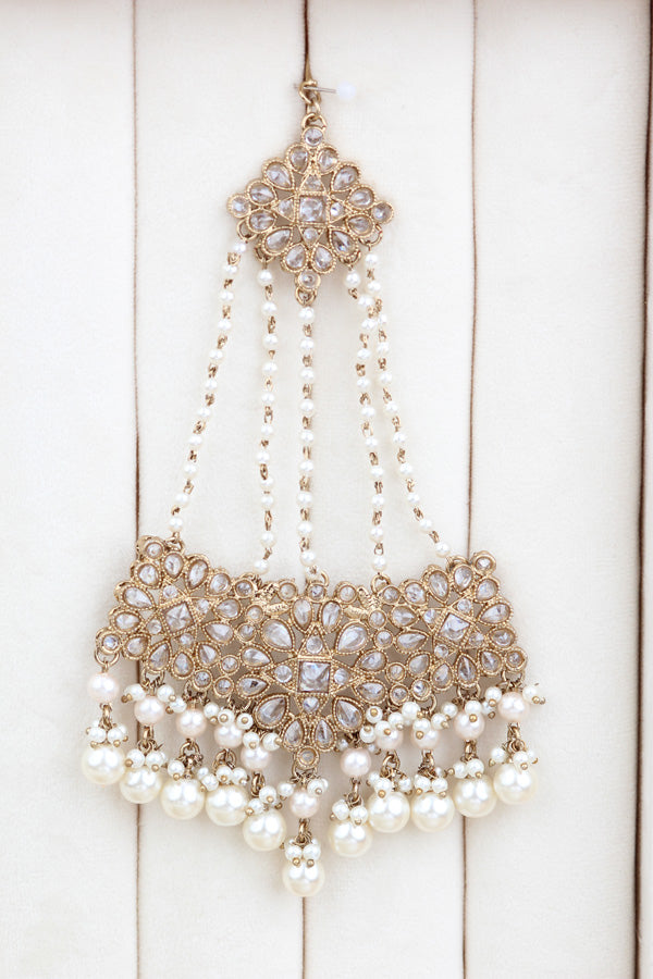 White Polki Choker With Jhumka Earring With Attached Saharey Large Tikka And Passa (CS017-W-Polki-B3)