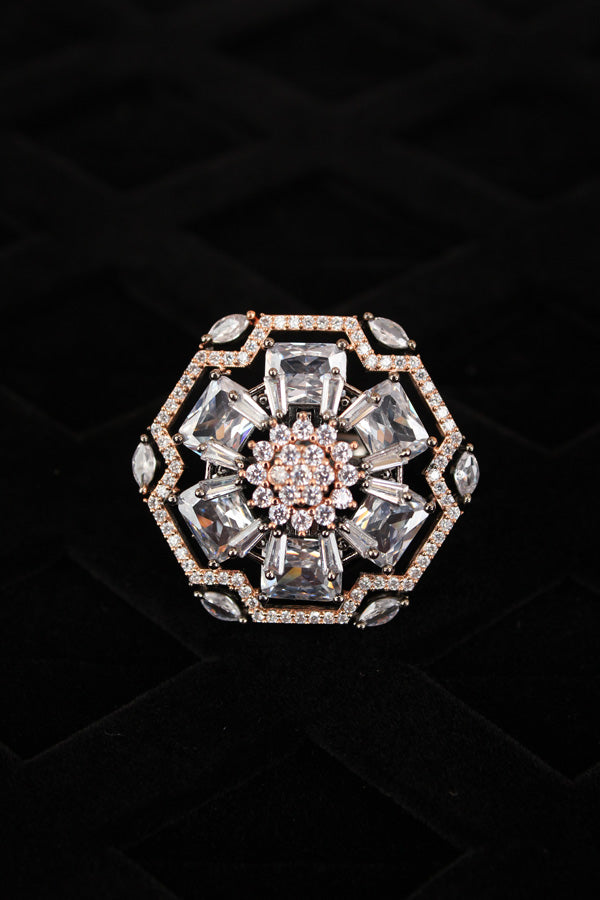 Premium Quality American Diamond Adjustable Ring With Flower Design And Rose Gold Colour (ADR006-RG)