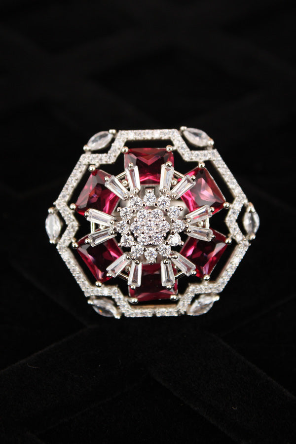 Premium Quality American Diamond Adjustable Ring With Flower Design And Ruby Stones (ADR006-RU)