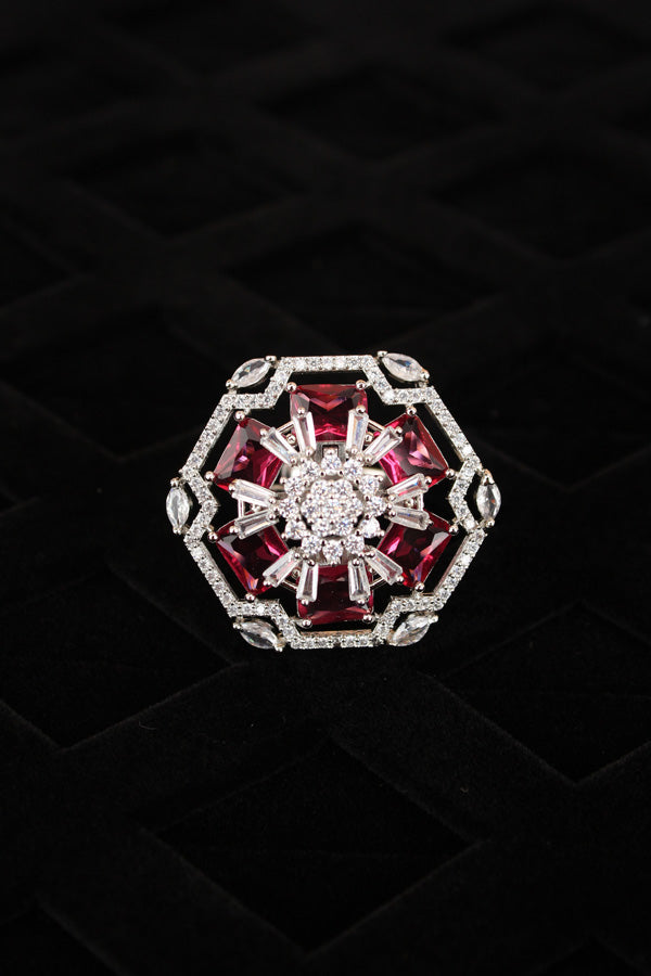 Premium Quality American Diamond Adjustable Ring With Flower Design And Ruby Stones (ADR006-RU)