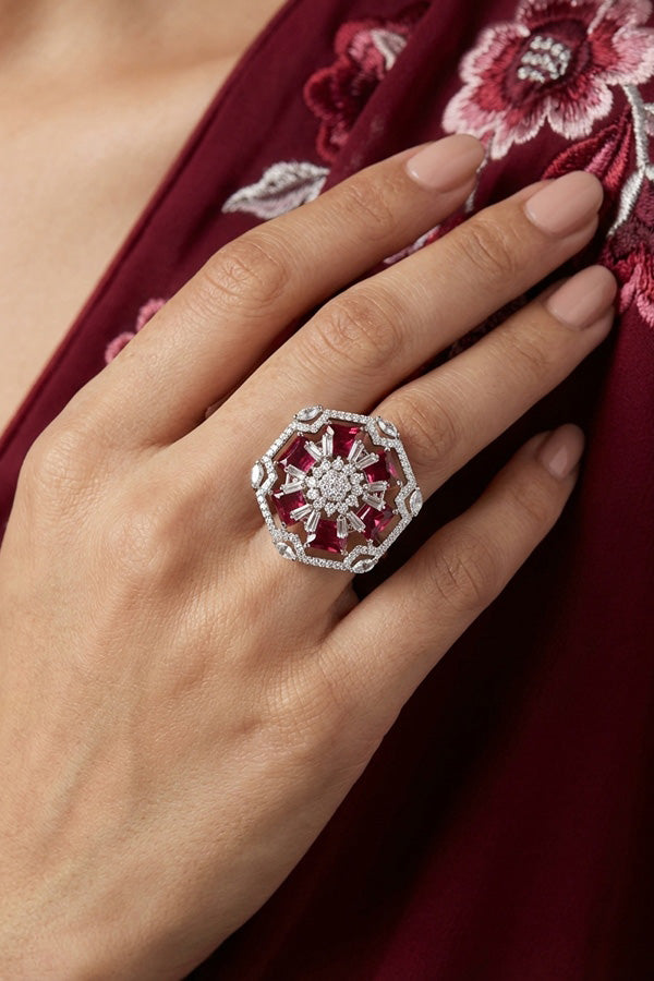 Premium Quality American Diamond Adjustable Ring With Flower Design And Ruby Stones (ADR006-RU)