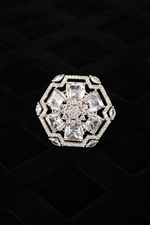 Premium Quality American Diamond Adjustable Ring With Flower Design And Silver Stones (ADR006-S)