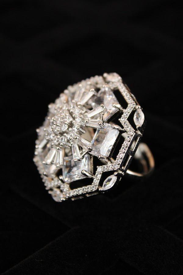 Premium Quality American Diamond Adjustable Ring With Flower Design And Silver Stones (ADR006-S)