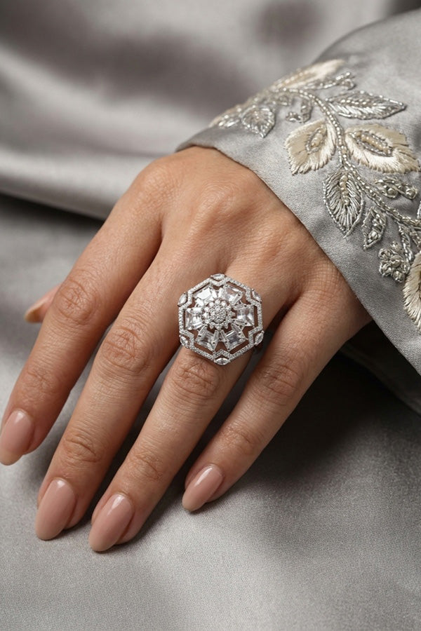 Premium Quality American Diamond Adjustable Ring With Flower Design And Silver Stones (ADR006-S)