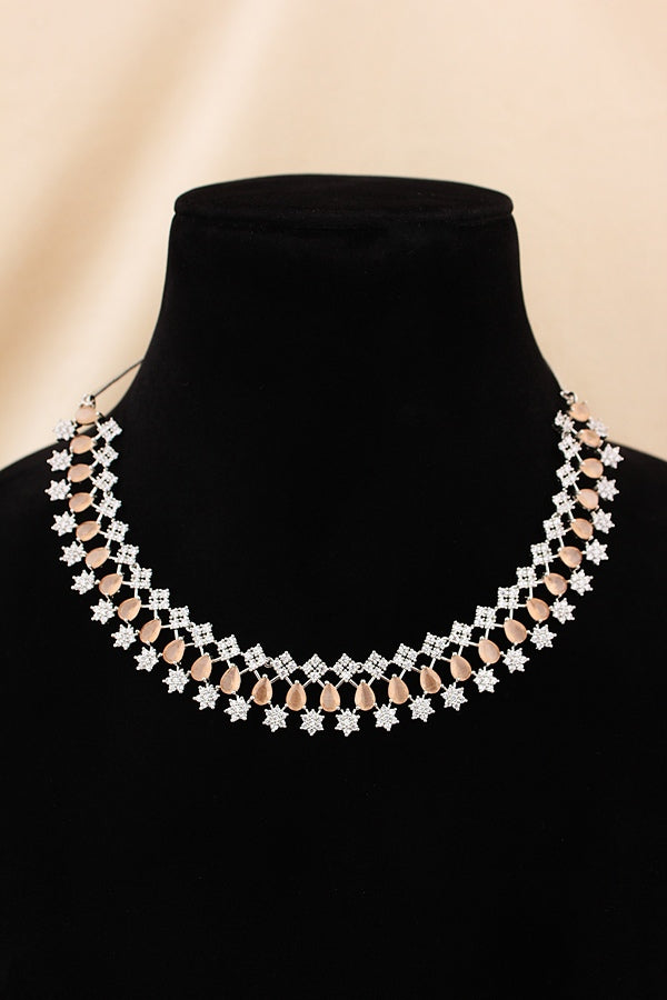 Glamorous American Diamond Necklace Set Filled With Small Details And Peach Colour Stones With Long Earrings (NS006-AD-PE)