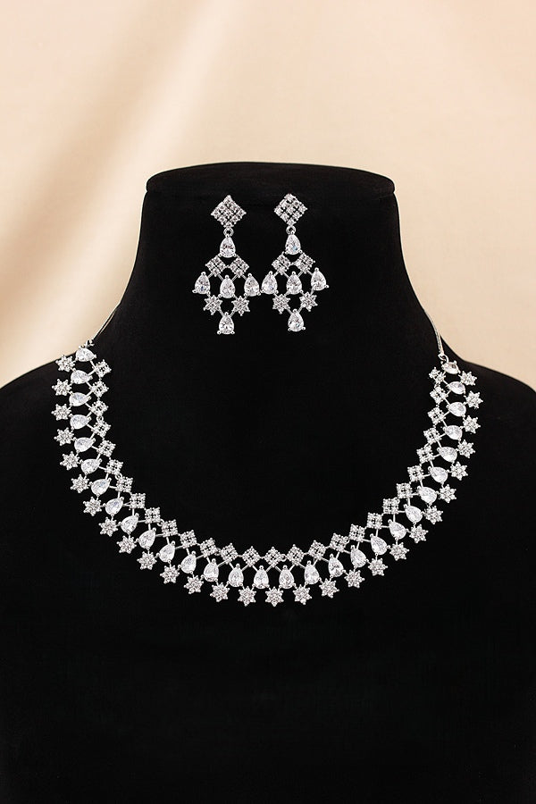 Glamorous American Diamond Necklace Set Filled With Small Details And Wilver Colour Stones With Long Earrings (NS006-AD-S)